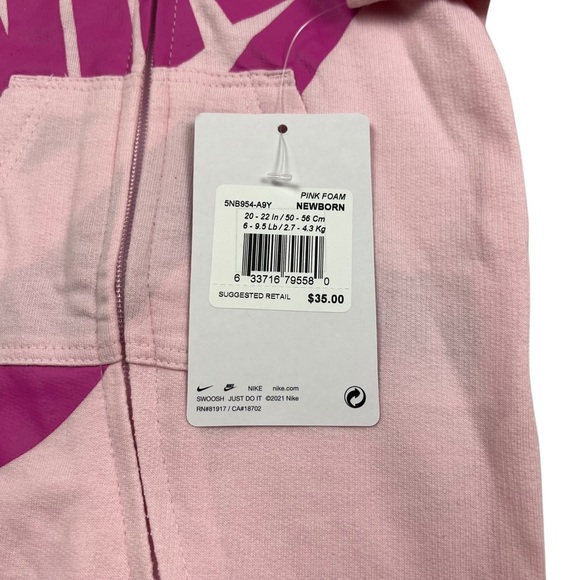 Nike Baby Girl Full-Zip Pink Hooded Coverall One-piece Romper - Size NB - Picture 2 of 4